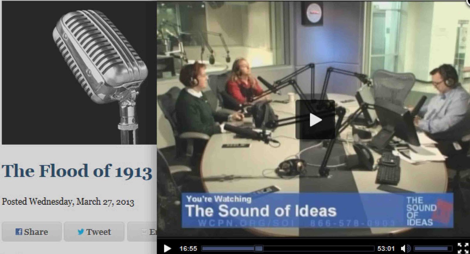 55-minute live talk call-in show on 1913 flood with Sarah Jamison NWS WCPN 3-27-13