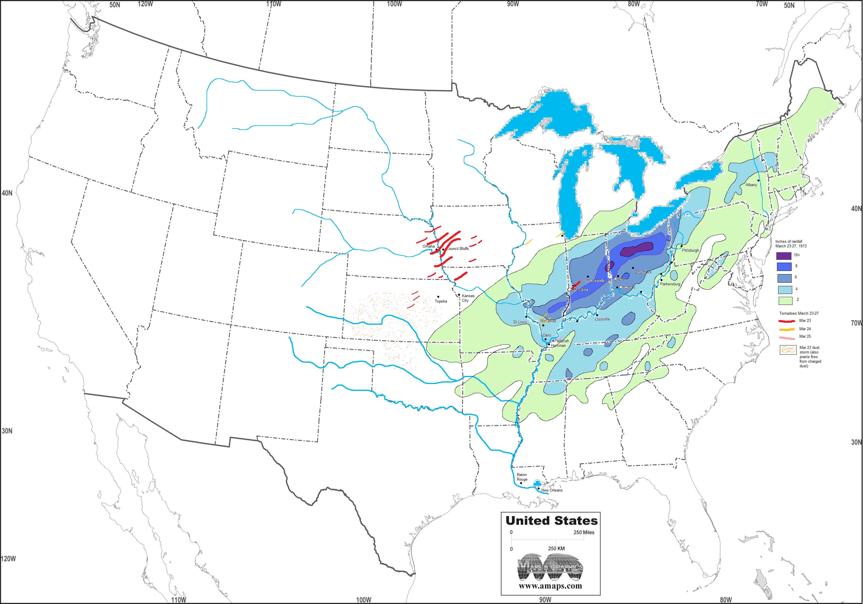 1913 March 23-27 tornados, rainfall, and dust storms plotted to scale